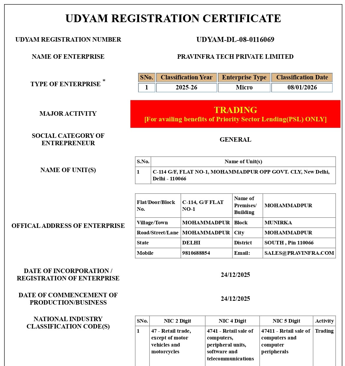 Udyam Registration Certificate